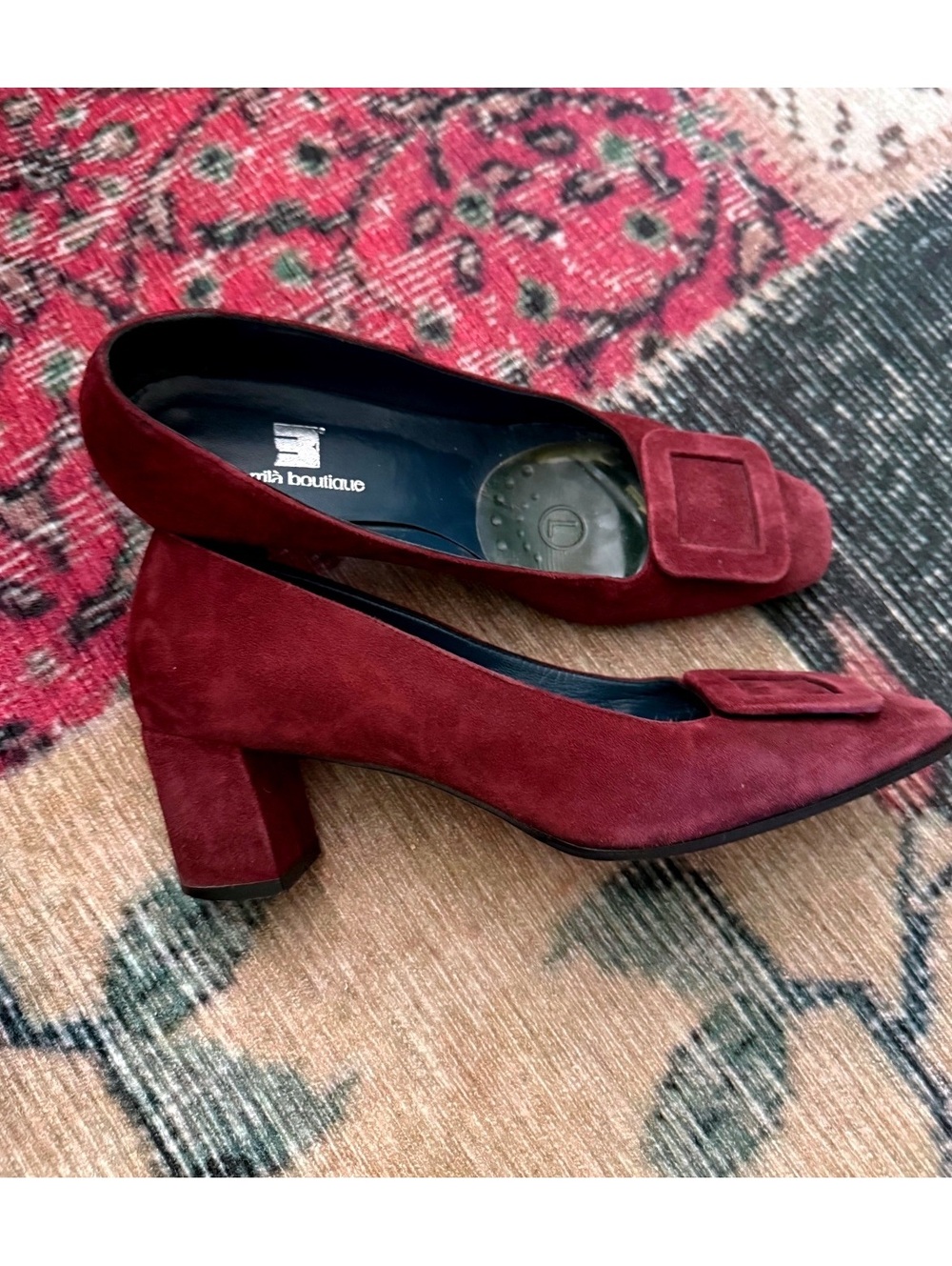 Italian Purple/maroon suede heels with a square buckle